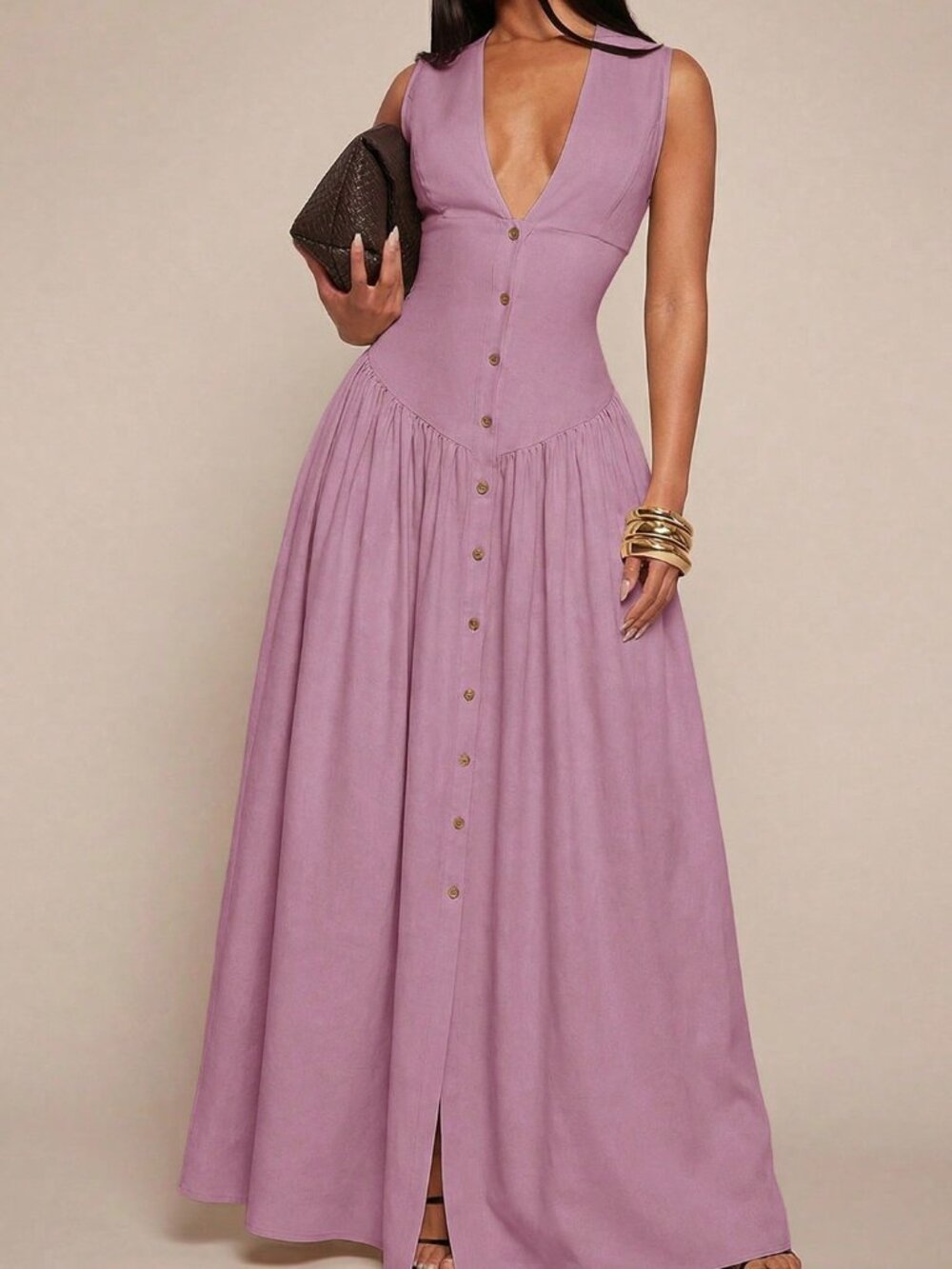 Purple Elegant Women's Minimalist V-Neck Cinched Button Front Shirt dress - Picture 6 of 6